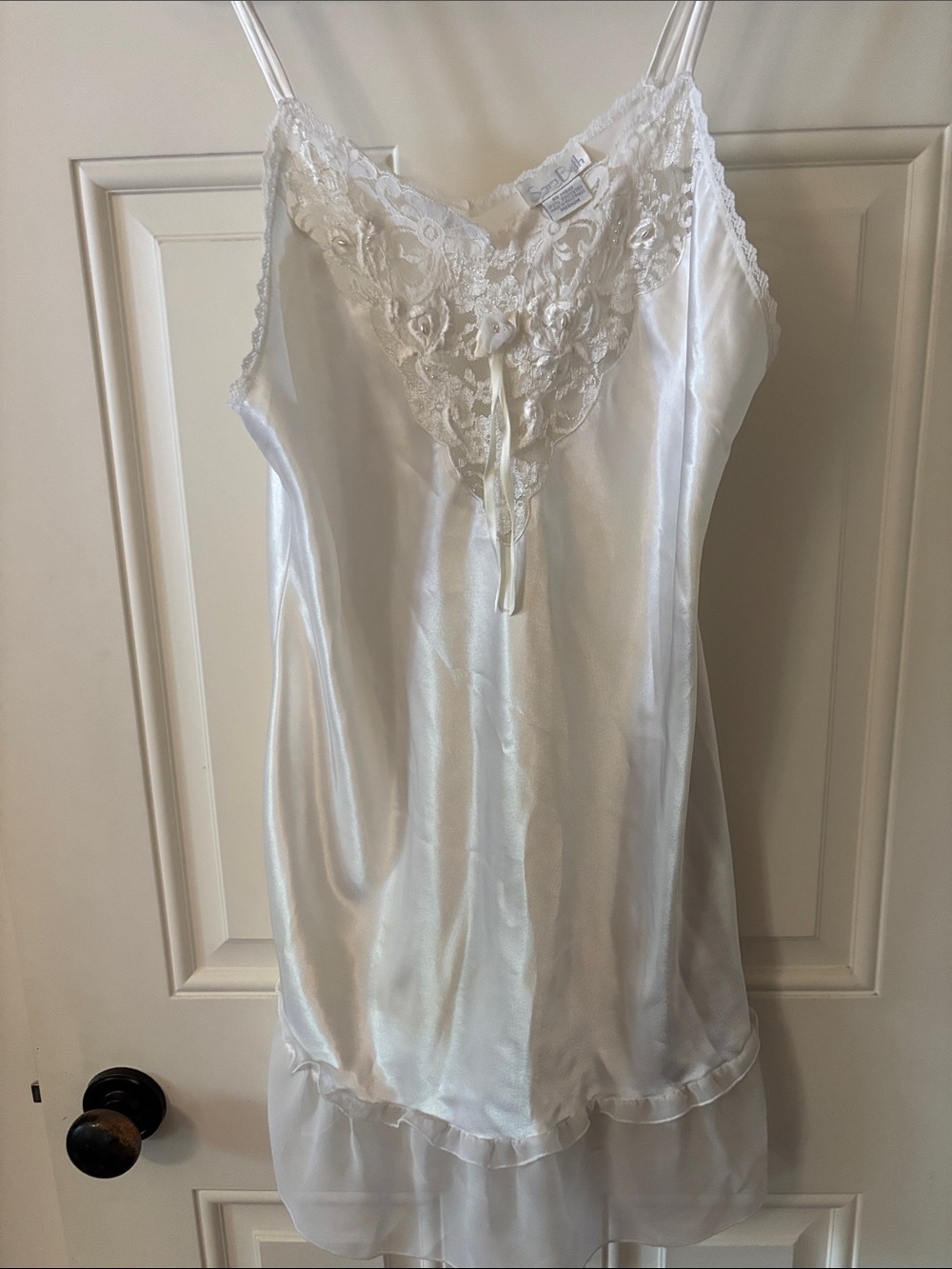 Sara Beth White Satin Lace-Trim Slip Nightie Chemise